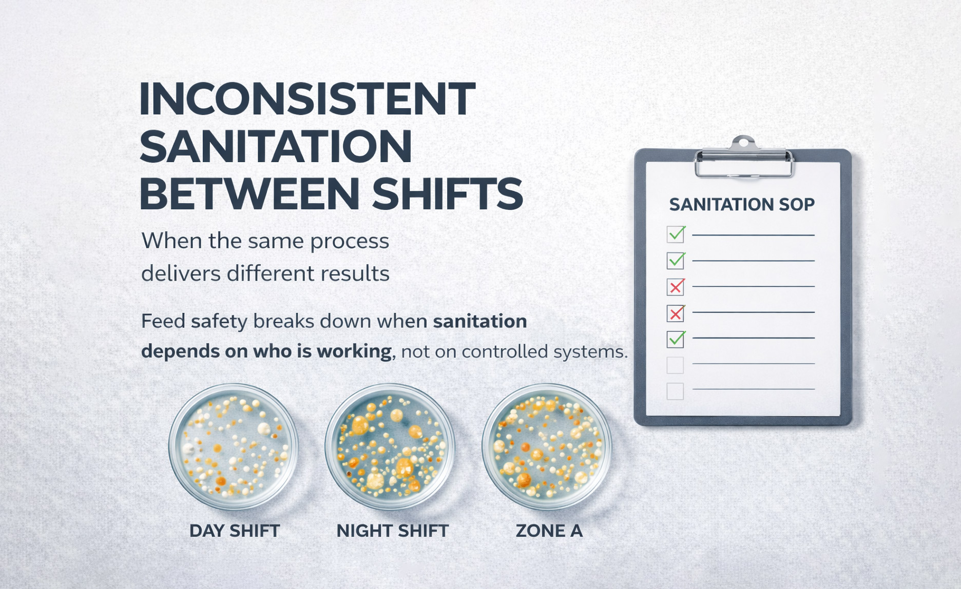 Inconsistent sanitation outcomes between shifts in feed sanitation programs Feed and ingredient facility sanitation operations with focus on consistent, controlled sanitation outcomes between shifts